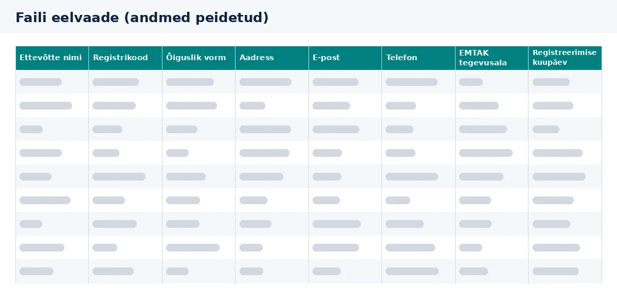 Eesti ettevõtete andmebaas on eelvaates esitatud Exceli faili veergudena.