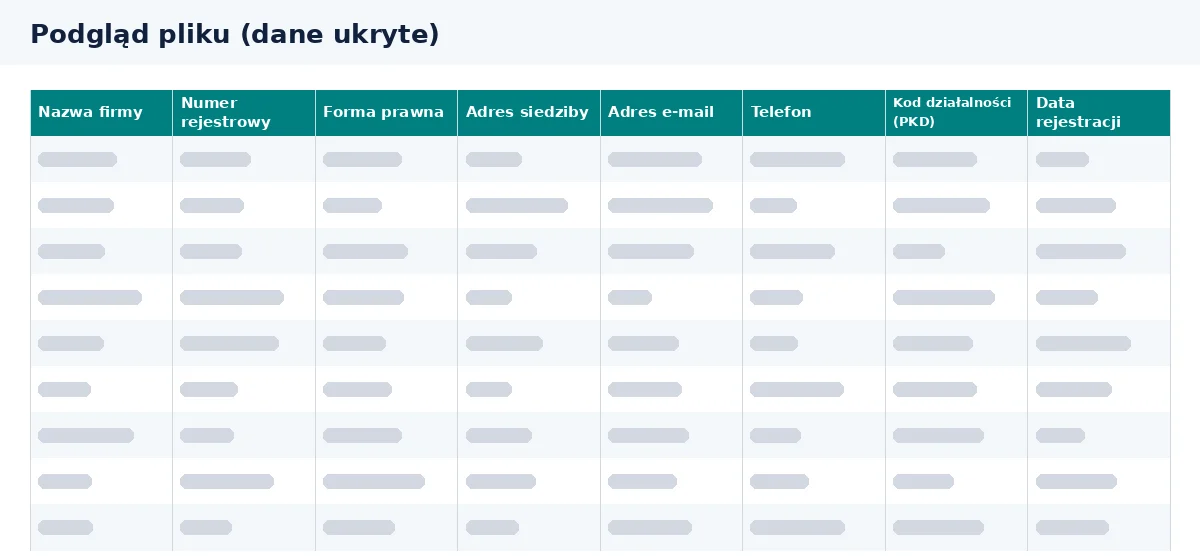 Spis firm pokazuje układ kolumn w arkuszu z danymi przedsiębiorstw.